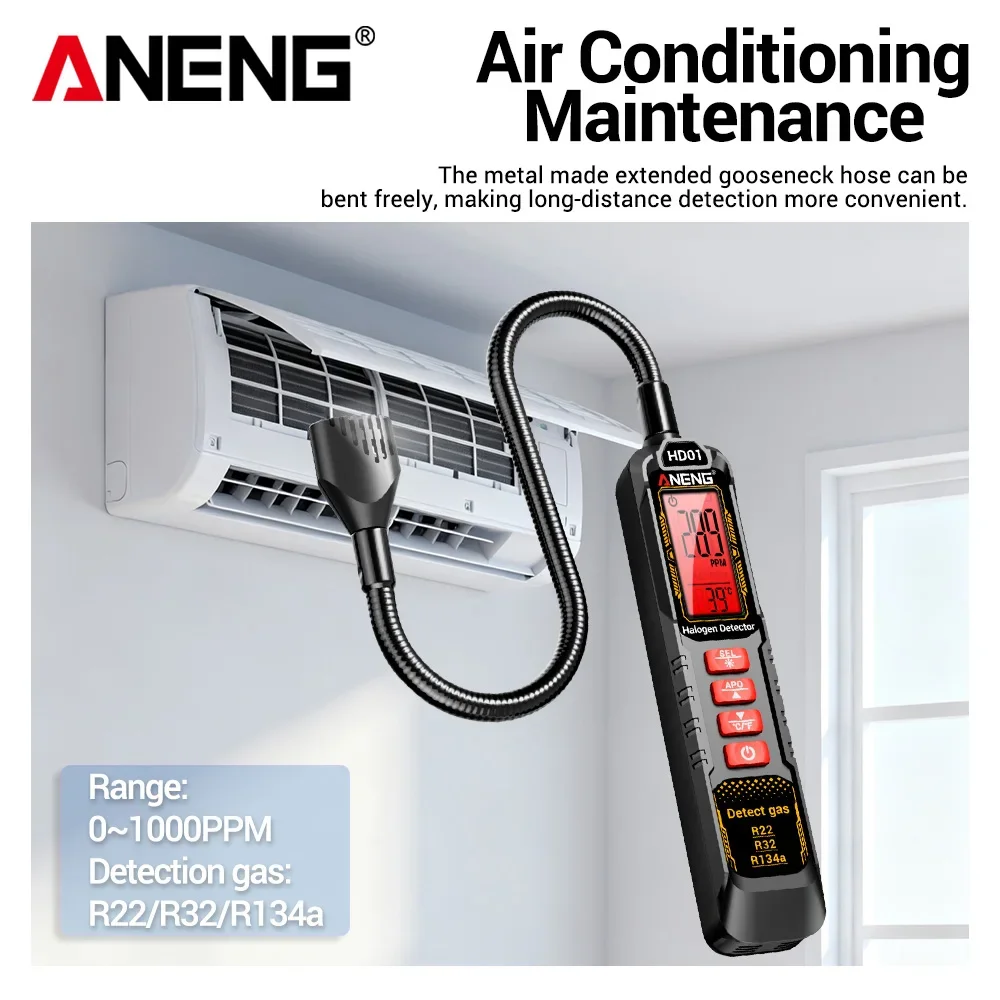 ANENG HD01 Refrigerant Detector R22 R32 R134a Digital High Sensitivity Tester Multi-functional 0~1000PPM Gas Detection Tools