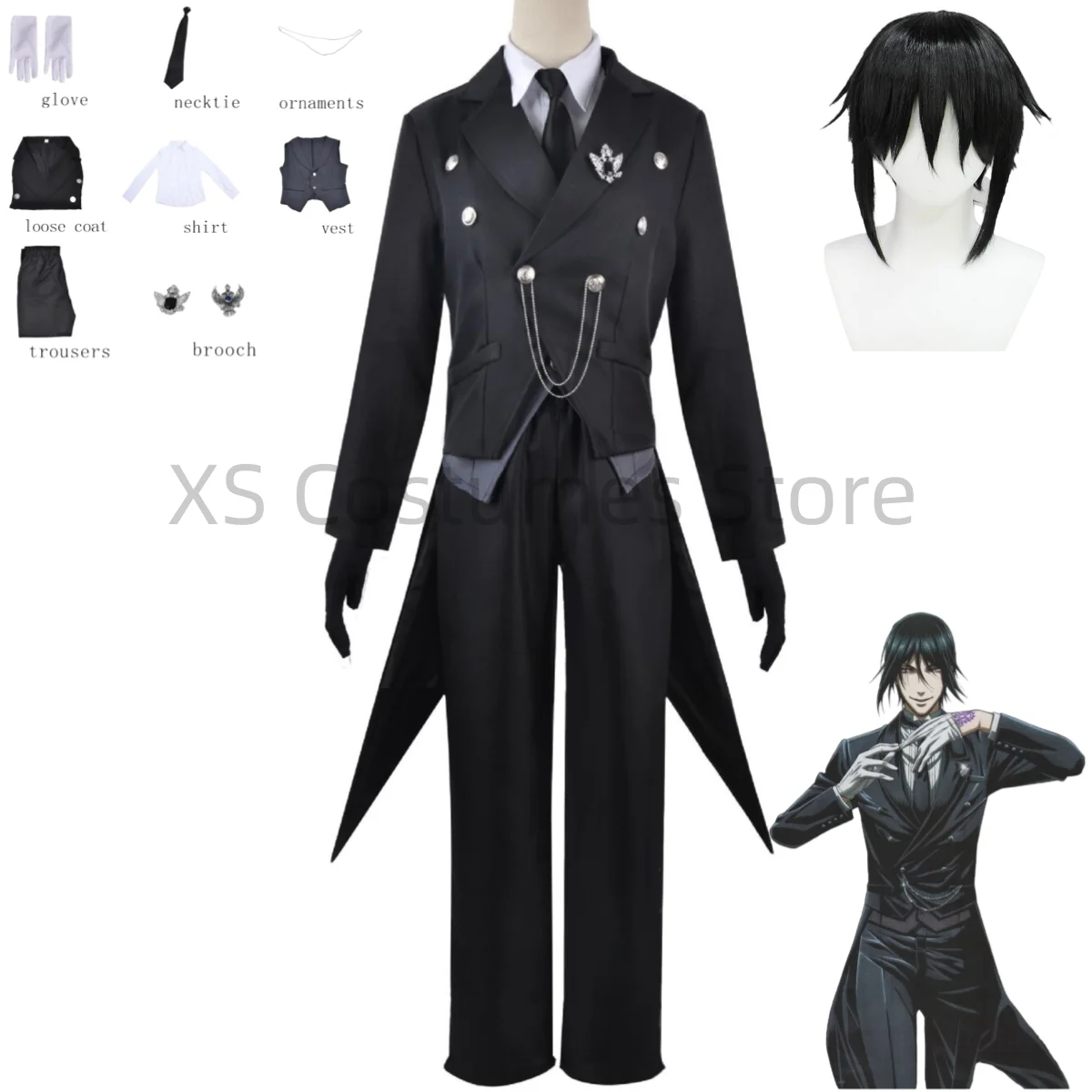 

Anime Sebastian Michaelis Cosplay Costume Wig Black Butler Upscale Uniform Tailcoat Set