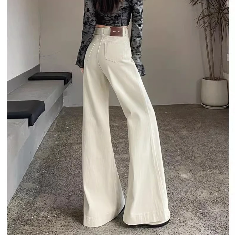Pantaloni jeans bianchi a gamba larga Pantaloni larghi da donna con fascia a vita alta Pantaloni larghi lunghi coreani solidi streetwear Vintage
