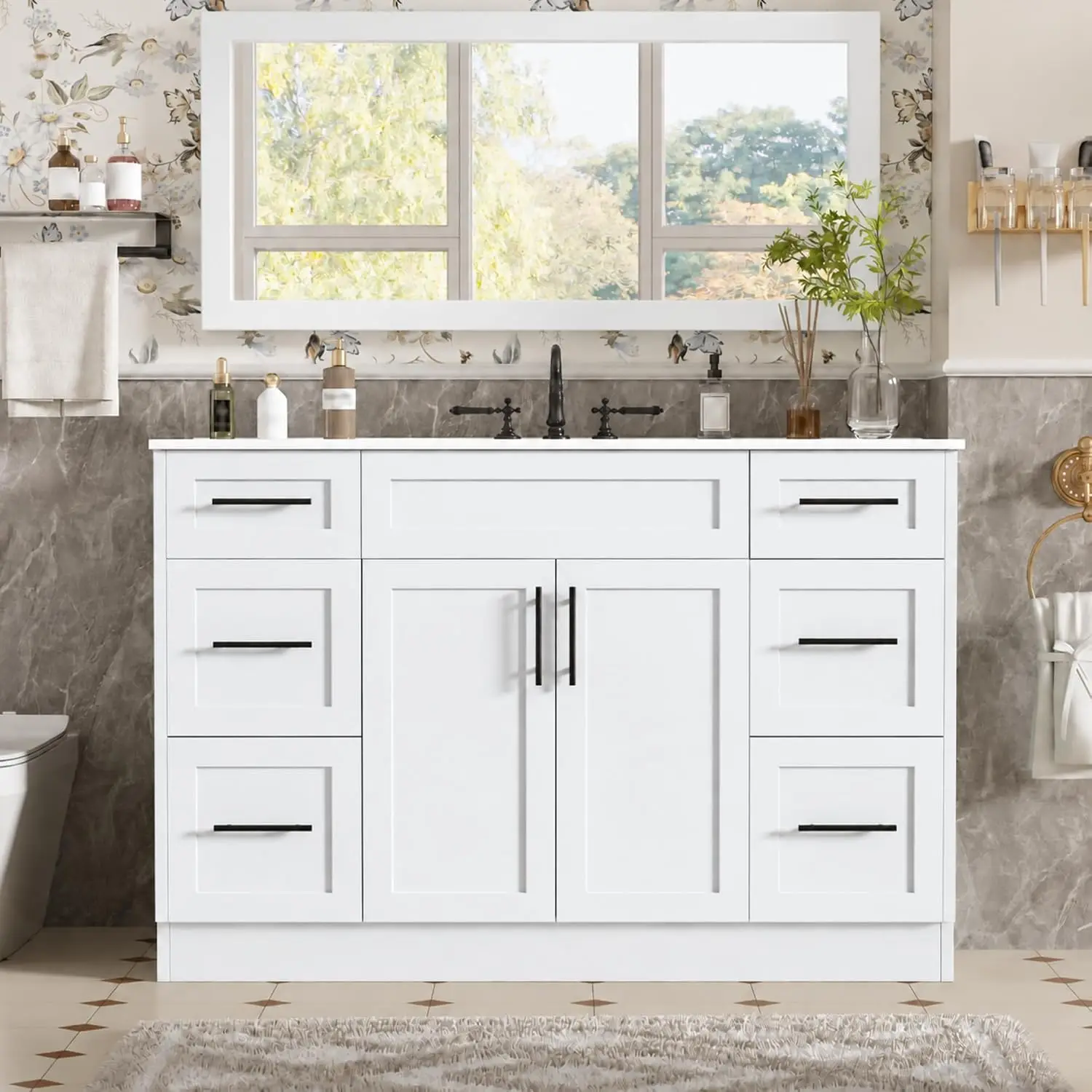 48 Inch Bathroom Vanity with Sink, Freestanding Bathroom Vanity with Resin Sink, 6 Storage Drawers and 2, Customized