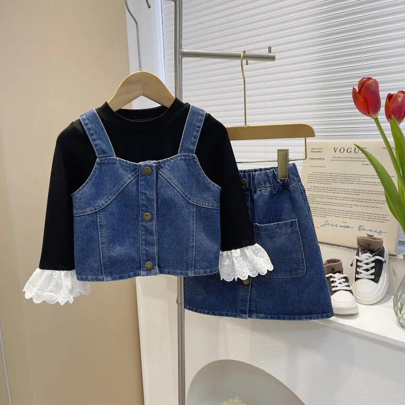 

Girls' Denim Set Spring and Autumn New Denim Vest+Fashionable Skirt with Lace Trim and Long Sleeve Base Shirt