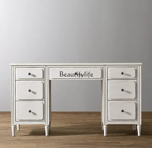 

French Antique Style Study Solid Wood Computer Desk Writing Desk Oak Weathered White European Style Simple Office Desk