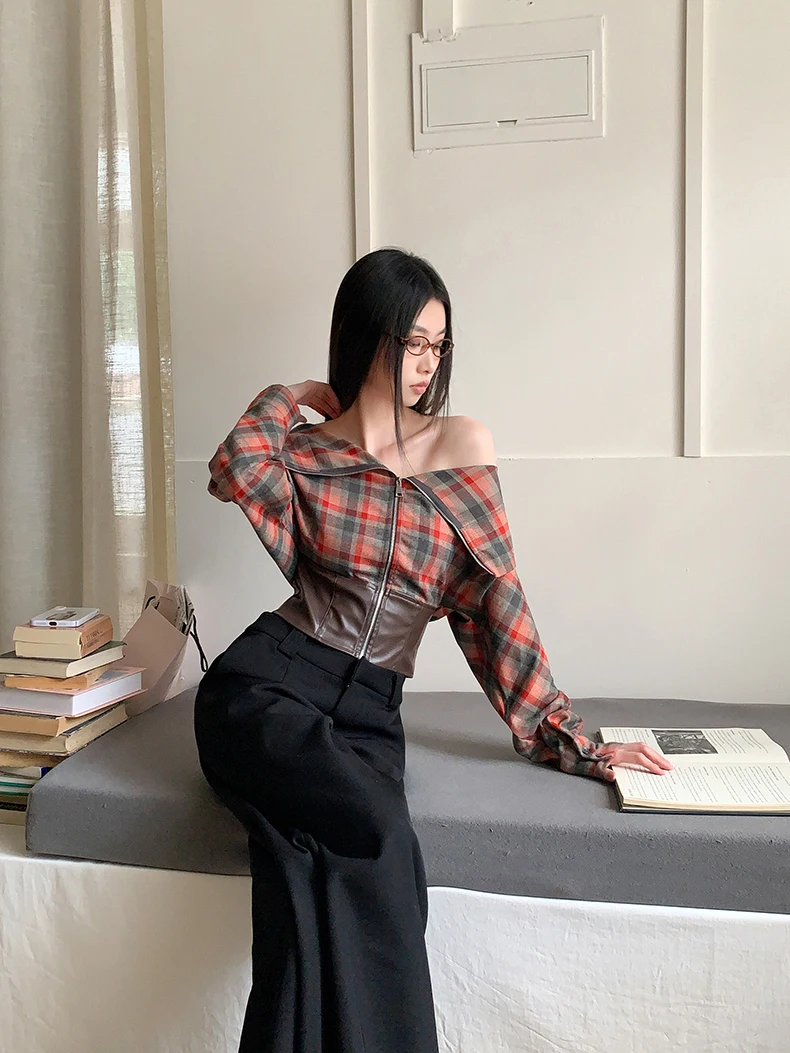 CHEERART Off The Shoulder Plaid Batwing Blouses Women Long Sleeve Crop Top Patchwork Leather Designer Blouse Fall Clothes 2024