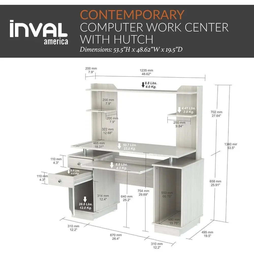 أمريكا، 53.5 بوصة ارتفاع × 48.62 بوصة عرض × 19.5 بوصة عمق، مركز عمل من خشب البلوط المغسول مع حافظة، صينية لوحة مفاتيح قابلة للسحب، أدراج، محطة عمل مكتبية