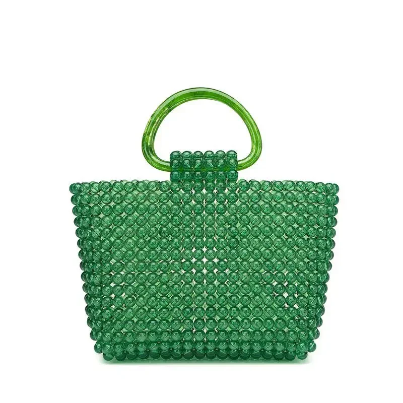 Summer Trend Green Acrylic Beaded Handbag Luxury Design Women Transparent Crystal Top-handle Tote Bag Hand Woven Party Clutches