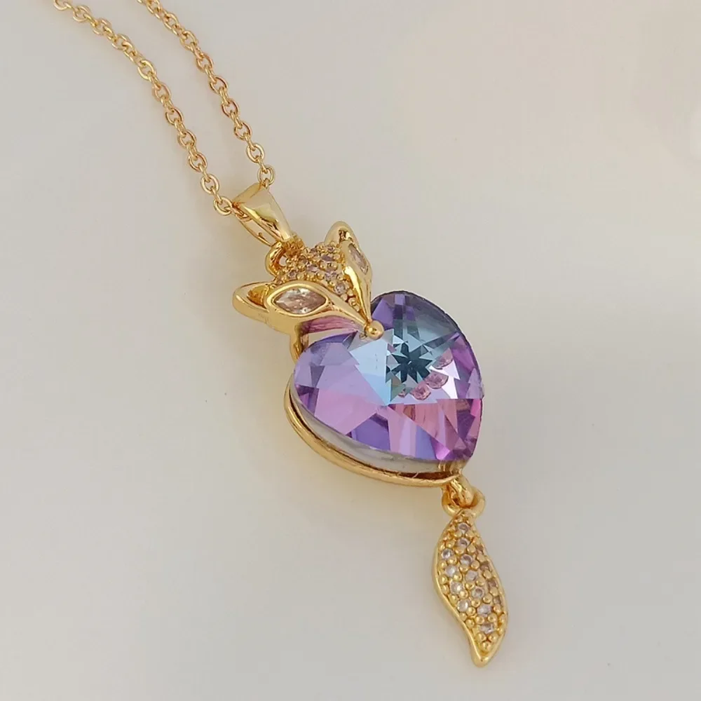 

14K Copper Plated with Real Gold and Inlaid with Zircon Heart Crystal Fox Pendant, Handmade Necklace Jewelry Pendant Material