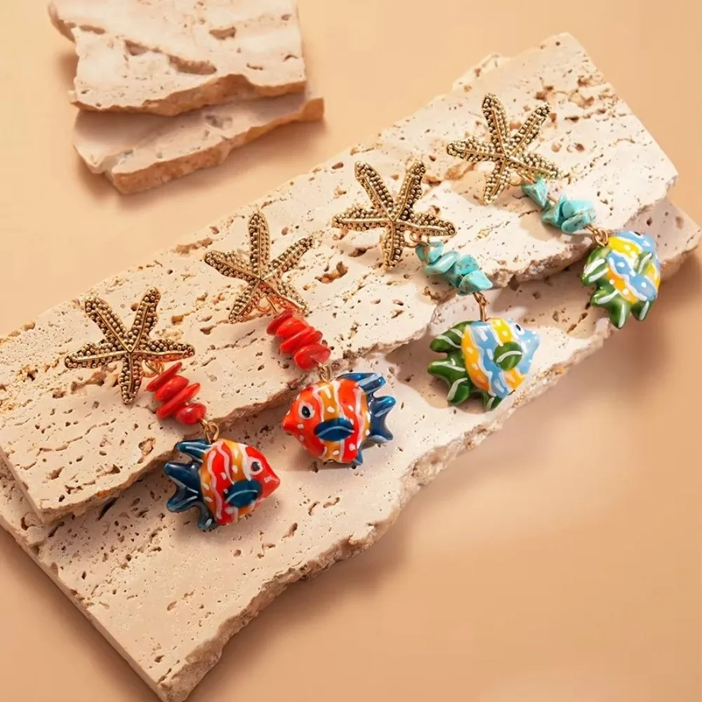 Trendy Beaded Fish Drop Earrings Glass Unique Starfish Stud Earrings Glaze Ocean Style Summer Jewelry Gifts for Women