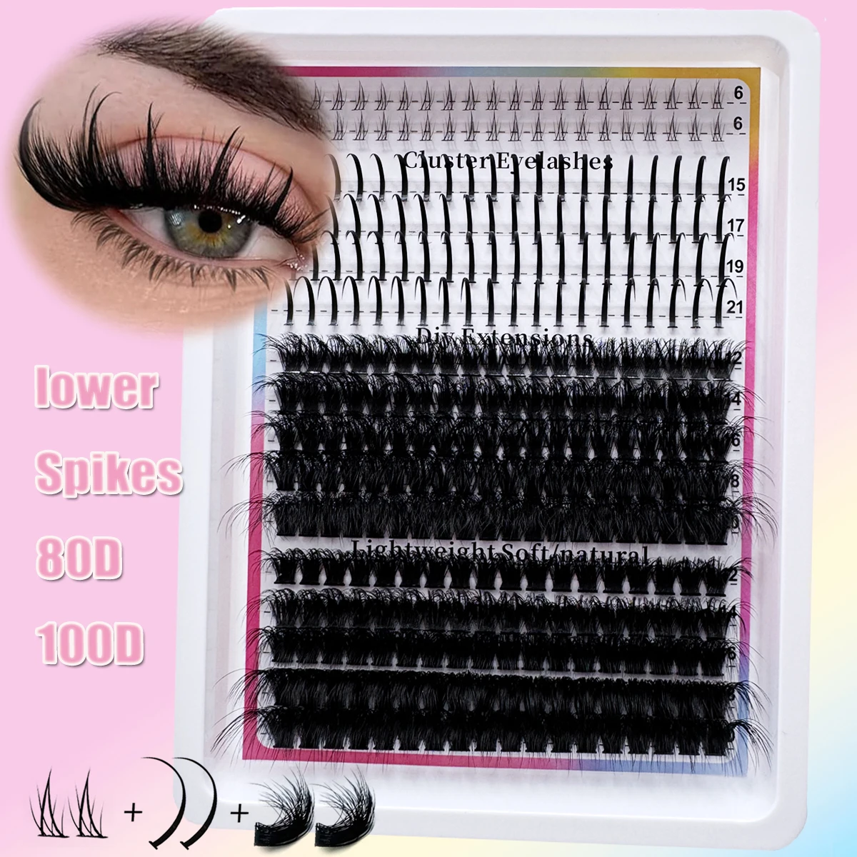 4 Styles Manga Lash Clusters Spike Individual Lash Clusters, Spikes+Lower Eyelashes+60D-200D Natural Look, 6-21mm Mixed Length