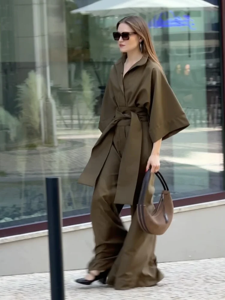 

Women's Linen Shirt Jumpsuit Loose Fit Short Sleeve Belted Tie Waist Casual Solid High Neck Romper Casual Daily Streetwear