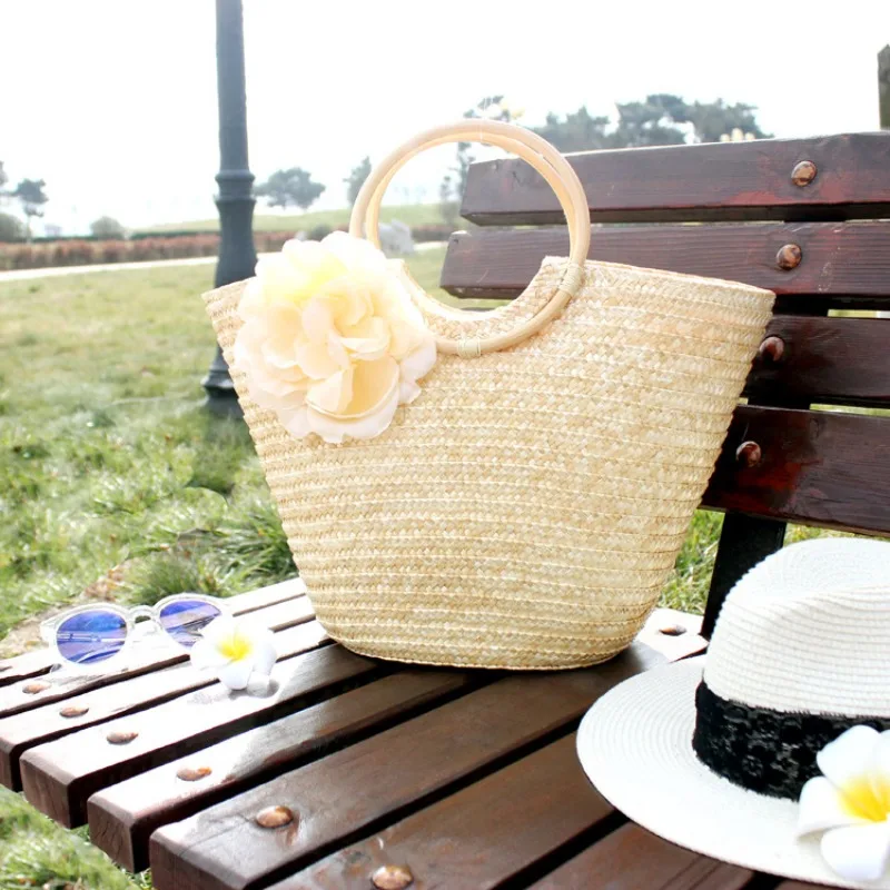 Flower Summer Beach Bag Wheat Pole Weave Women's Handbag Bohemian Knitting Straw Bags High Capacity Female Top Handle Totes