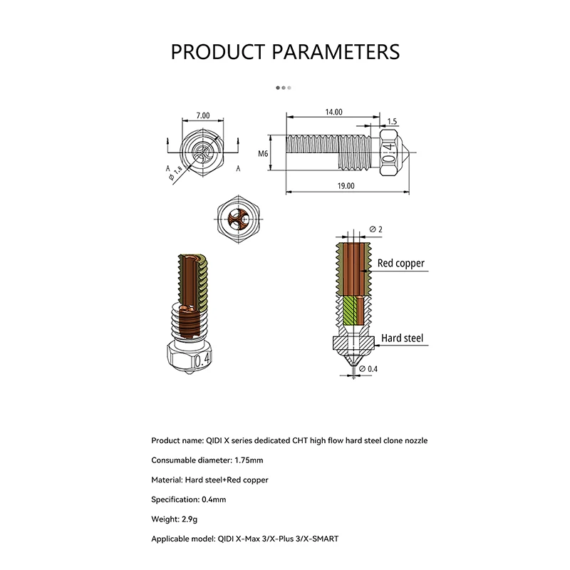 CHT Nozzle For QIDI TECH X PLUS 3/ X MAX 3/X SMART 3 Plated Copper Clone Nozzle Brass Hardened Steel Nozzle High Flow Nozzles