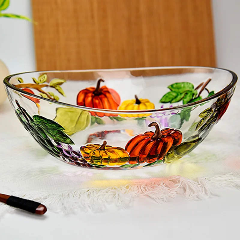 Wholesale Pastoral Painted Pumpkin Glass Fruit Plate Fruit Basin Snack Dish Office Home Living Room Coffee Table Large Capacity