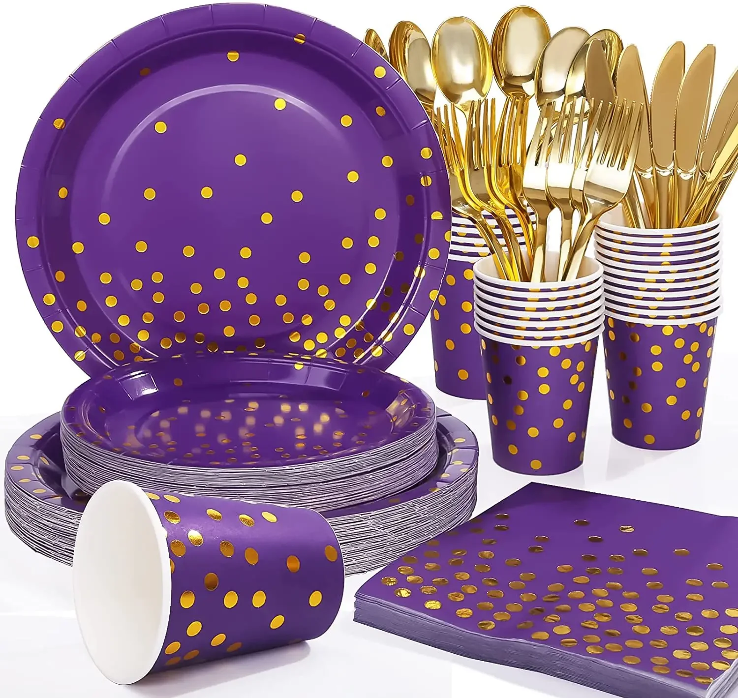 8Guests Purple Gold Point Disposable Tableware Wedding Adult Birthday Paper Plates Cups Happy Girls 1st Birthday Party Kids Fav