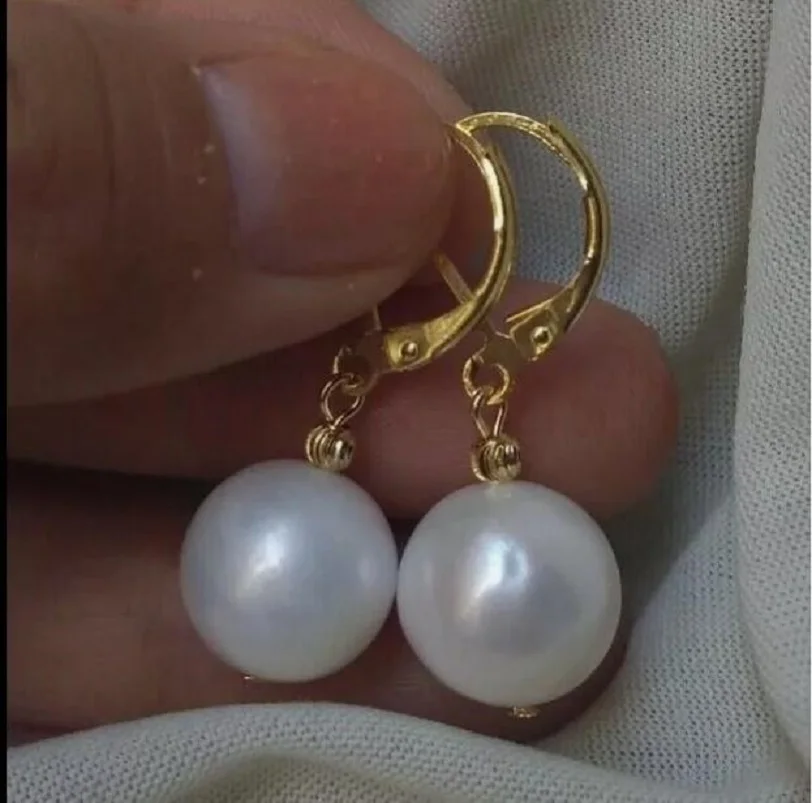 Fine Jewelry AAA 10-11m round South Sea White Pearl Dangle Earring 14kp Gold