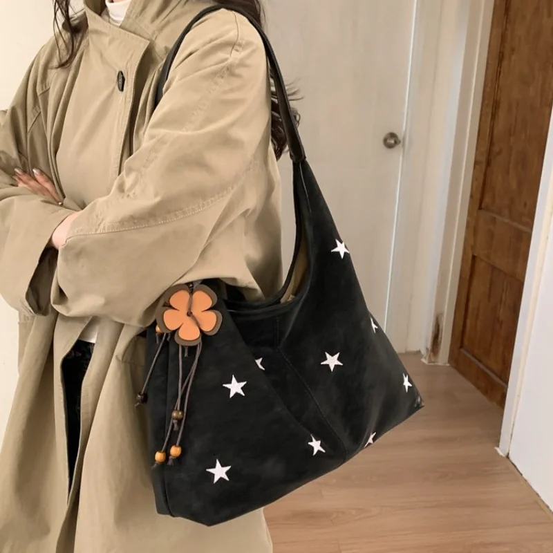2026 New CEEKAY Black Suede Hobo Bag, Vintage Shoulder Bag with Star Embroidery, Large Capacity Tote for Women Handbags