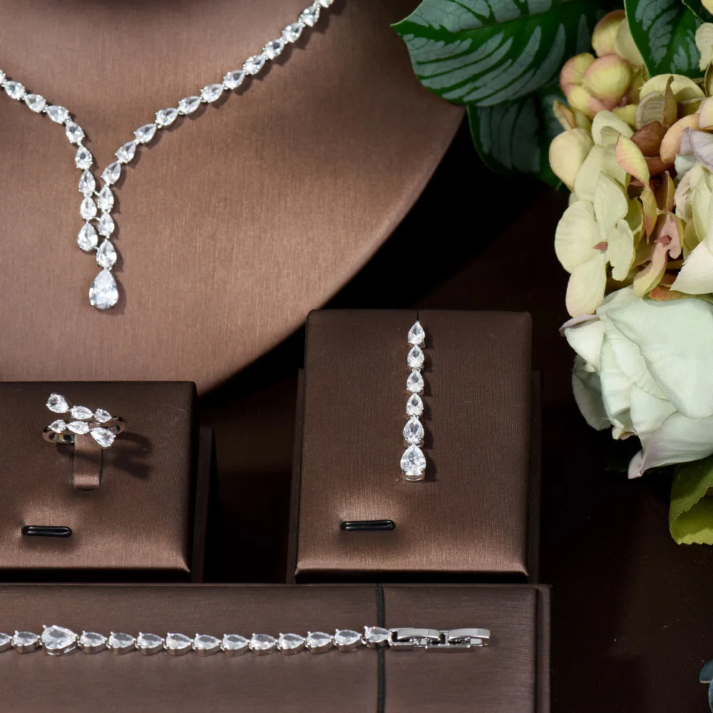 HIBRIDE بسيط تشيكوسلوفاكيا السيدات مجموعات مجوهرات قطرة الماء زركون كريستال شرابة أقراط وقلادة مجموعة للنساء هدايا N-1149