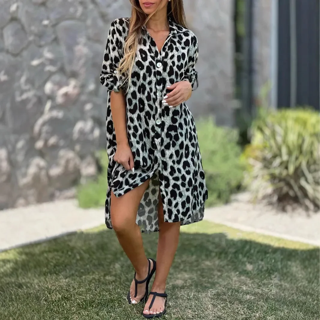 새로운 우아한 여성 여름 레오파드 셔츠 드레스 봄 캐주얼 패션 느슨한 턴 다운 칼라 중반 송아지 스트레이트 롱 드레스