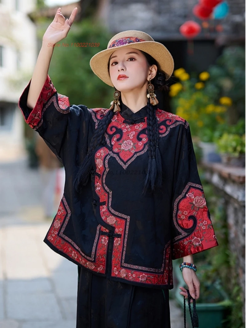 

2024 traditional chinese vintage coat national flower embroidery improved stand collar jacket oriental satin jacquard hanfu tops