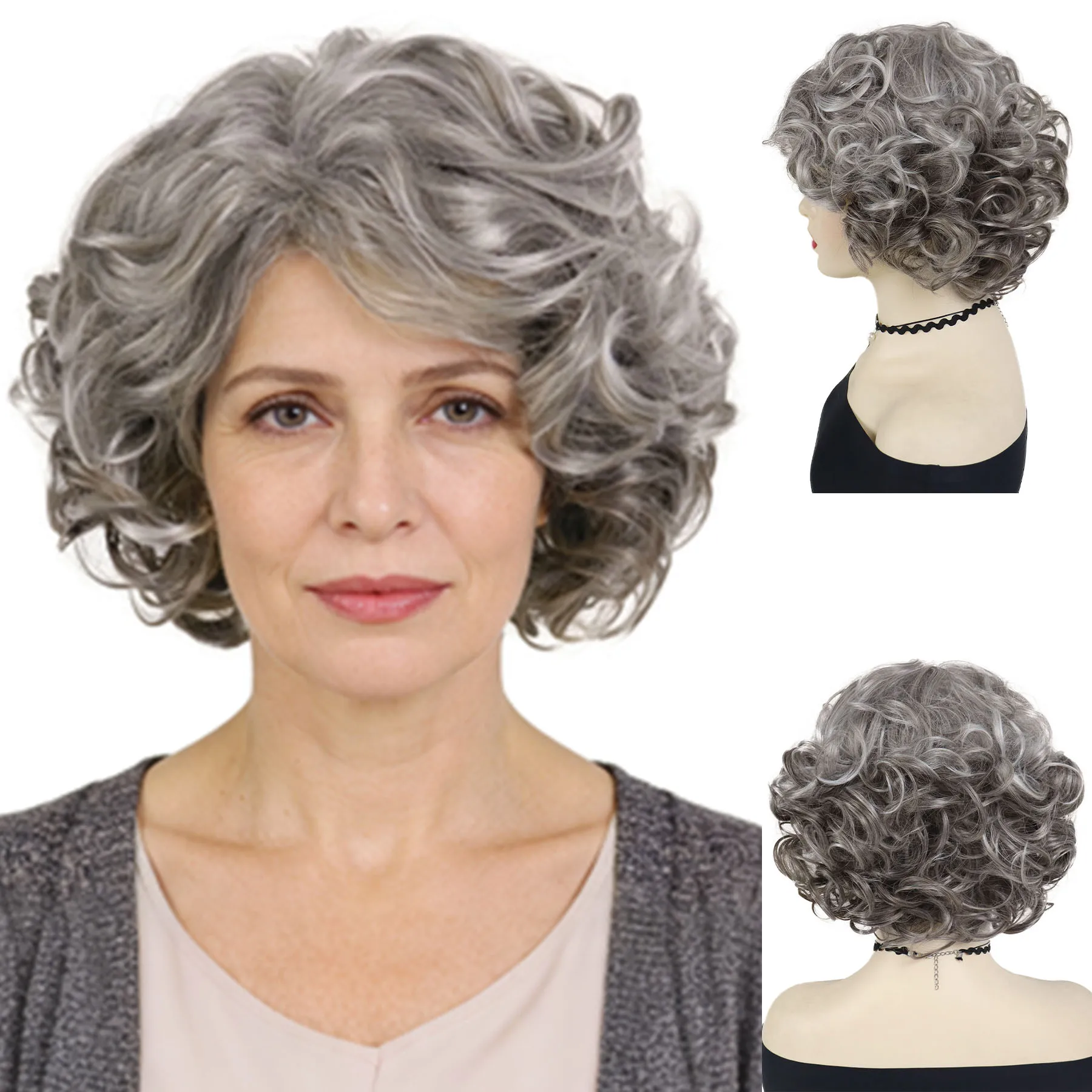 

Синтетический женский парик омбре серого цвета для пожилых женщин, многослойный короткий кудрявый парик с челкой, парик для бабушки, повседневный, для костюмов и косплея