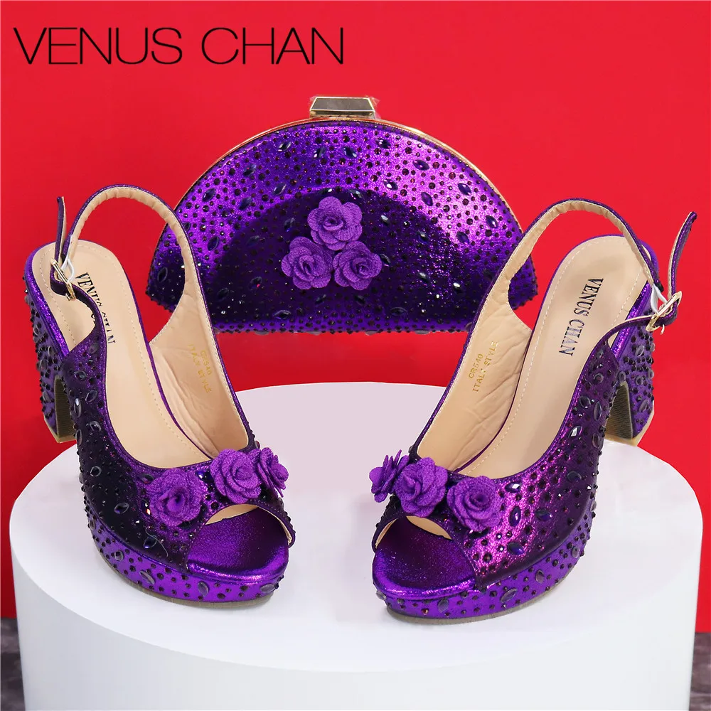 Purple Color Fish Beaked Toe Cap Comfortables Heels Slipper with Ctystal Bag For Nigerian Women Wedding Party Pump