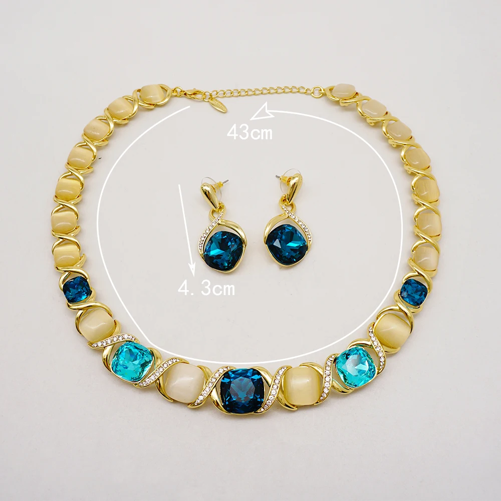 Fashion Italian Dubai Gold Color Plated Jewelry Set For Ladies Romantic Set Blue Crystal Necklace Earrings Sets Banquet Gifts