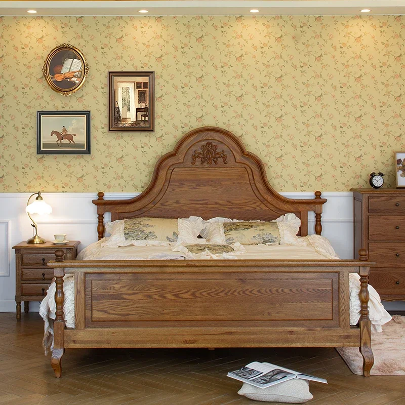 American country oak carved bed retro pastoral style homestay solid wood shelf bed with sensor light single double bed