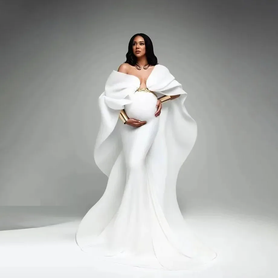 Pure White Pregnant Dresses Mermaid Floor Length Maternity Gowns Cloak Cape Sleeve Off Shoulder Maxi Dress Pregnant Babyshowe