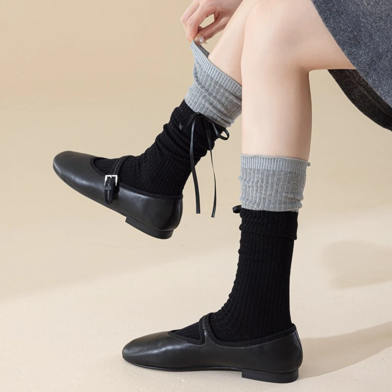 Ruffle Socks Stockings Color Matching Knitted Cotton Long Socks Ribbon Bow JK Girl Lolita Kawaii Cute Knee Socks Women Stockings