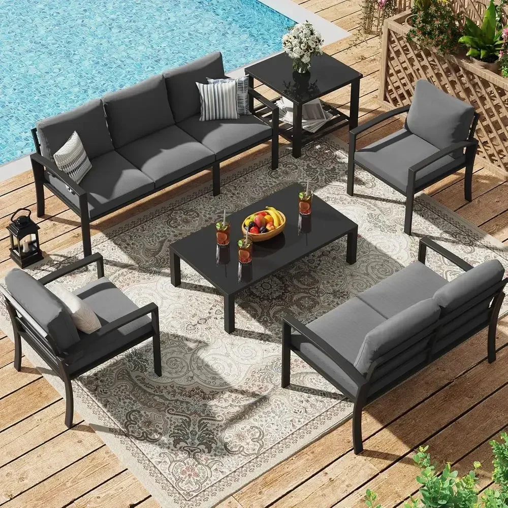 6-Piece Outdoor Patio Furniture Set with Waterproof Cover, Coffee and Side Tables, Modern Sofa with Grey Cushions for Backyard,