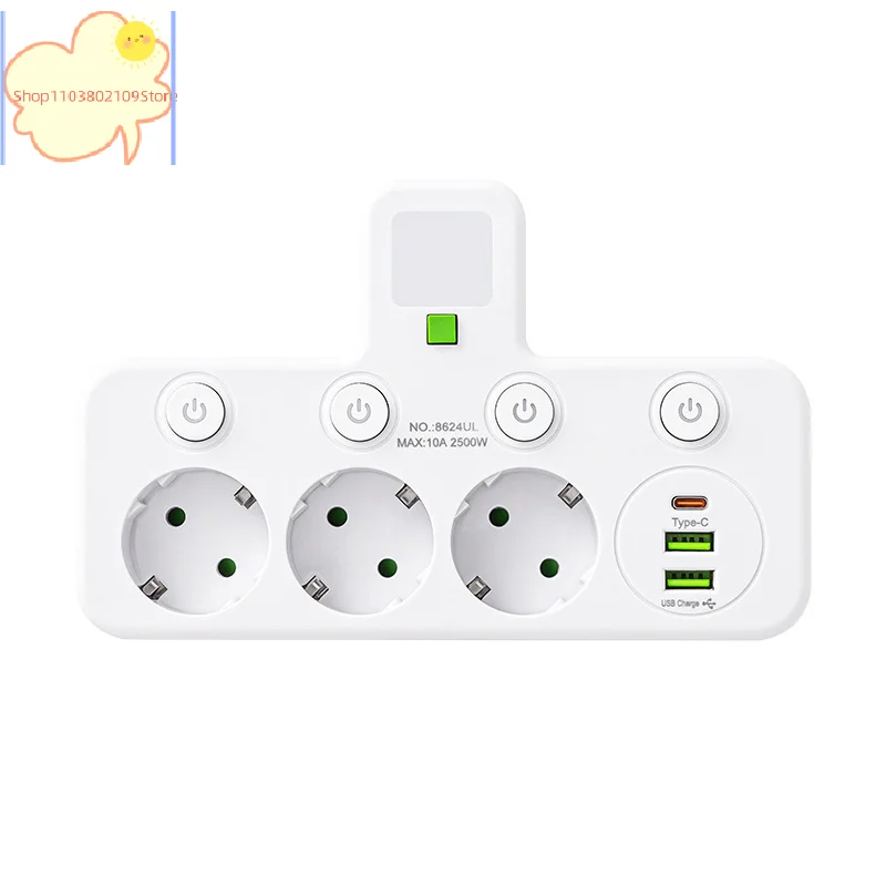 

EU Plug Outlet 4 Sockets Multitap Wall Power Strip Electrical Socket 2 USB 1 Type-C Ports No Extension Cord With 2500W MAX Power