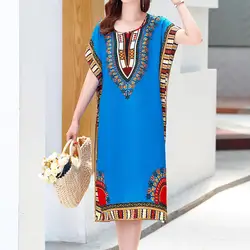Women Dress Ethnic Style O Neck Print Geometric Printing Beach Dress Summer Dress Loose Short Sleeves Midi Dresses Women Clothes