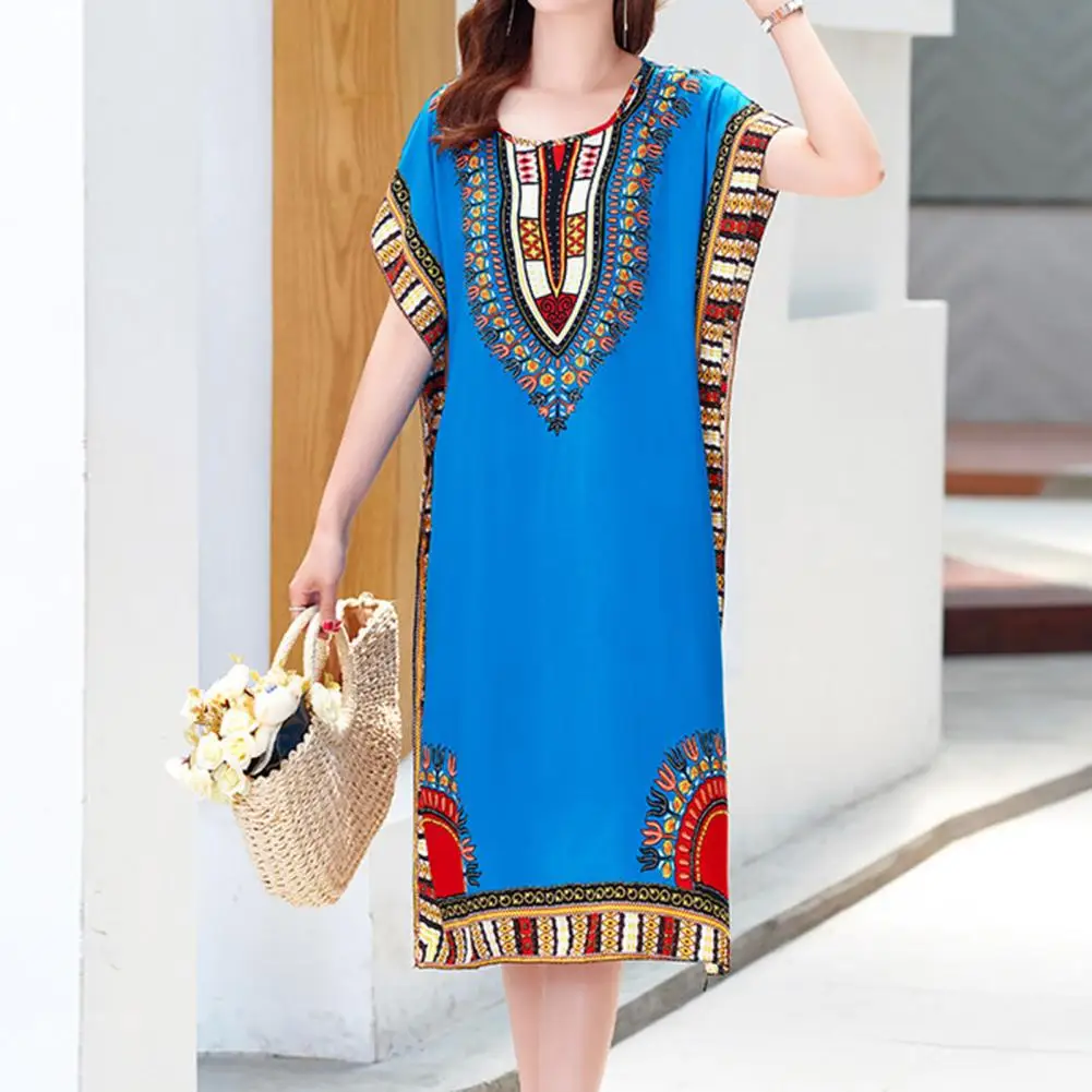 Women Dress Ethnic Style O Neck Print Geometric Printing Beach Dress Summer Dress Loose Short Sleeves Midi Dresses Women Clothes