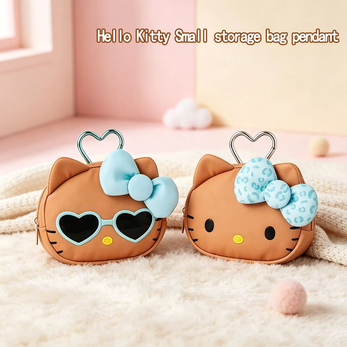 Cute Brown Hello Kitty Mini Storage Bag Leopard Print Bow Zipper Coin Purse Backpack Charm Decor Daily Small Item Pouch Wallet