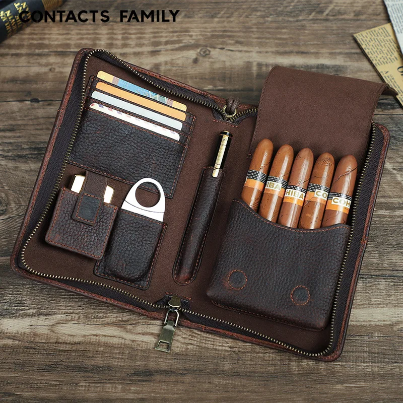 

Genuine Leather 5-Cigar Travel Case with Wrist Strap & Zipper - Portable Multi-functional Holder