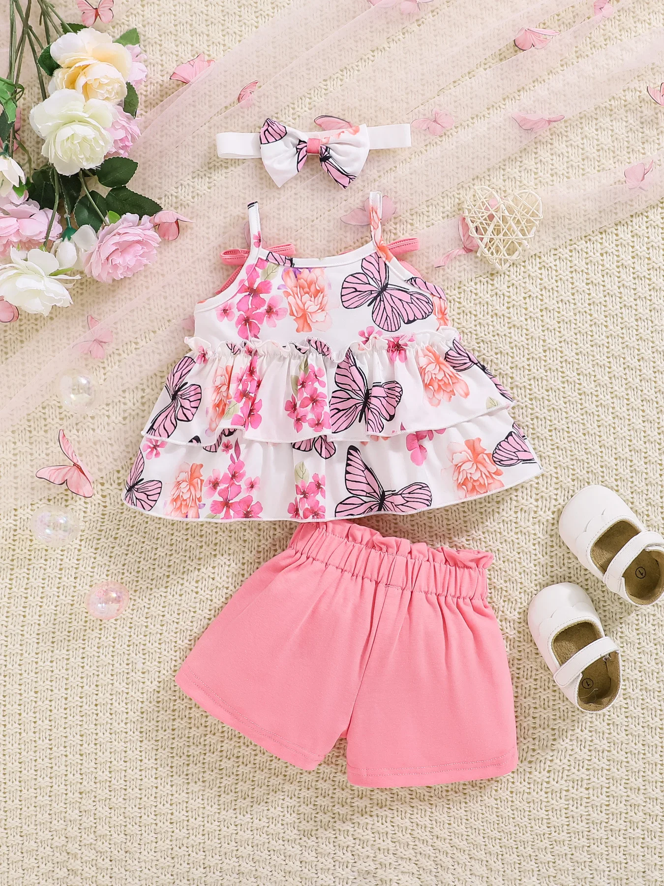 3-piece baby baby girl butterfly print halter top with bow embellish shorts headscarf set