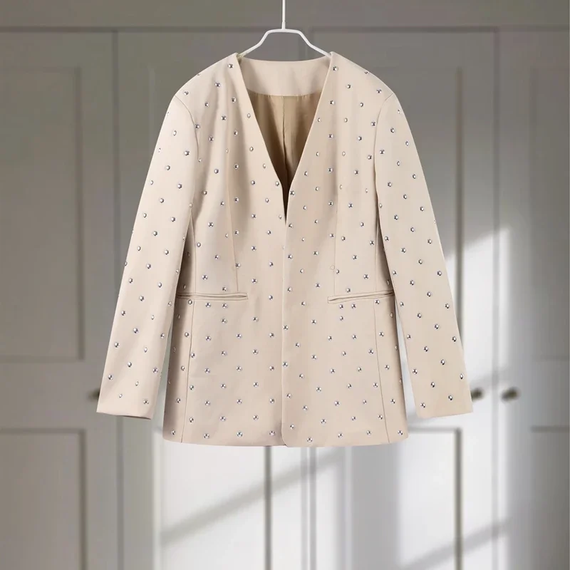 Retro V-neck Studded Suit Jacket Women Casual Loose Rivets Pockets Open Jacket Female Autumn Spring Chic Street Outwear Cardigan
