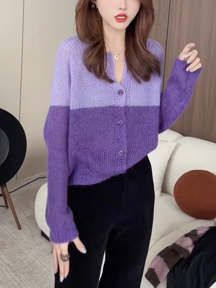 

Элегантный фиолетовый вязаный свитер женский с длинным рукавом в стиле колор-блок, корейская версия, осенняя новинка, теплый и модный