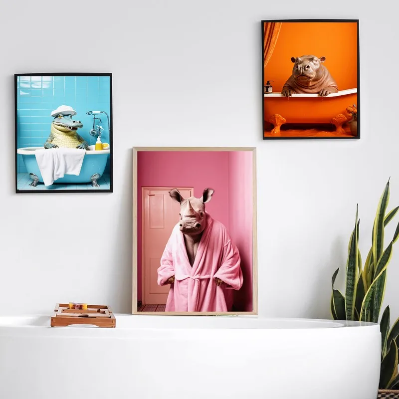 Funny Animals Poster Kangaroo Hippo Elephant Bathroom Canvas Painting Bubble Bath Prints Wall Art Home Bath Room Toilet Decor
