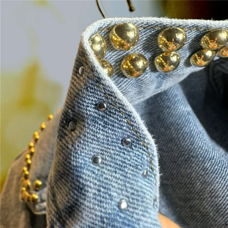 

Spring Autumn Women Blue Short Denim Cardigan Coat Fashion Rivet Diamond Big Pocket Casual Lapel Long Sleeve Female Jeans Jacket
