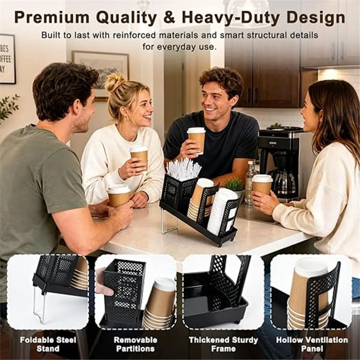 Plastic Cup & Lid Holder Dispenser with Straw Organizer, 3-Compartment Design for 10-24oz Cups Countertop Single Row