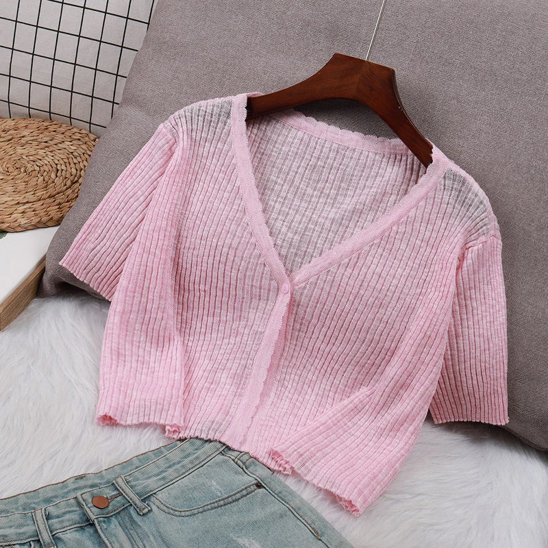 Summer Thin Knit Cardigan Sweater Women 2024 New Shawl Sun Protection Short Sleeved Top Korean V-neck Lace Slim Short Top