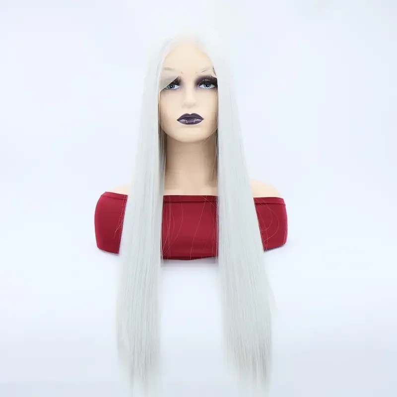 

Silvery Gray Long Straight Hair Front Lace Chemical Fiber Wig High Temperature Silk synthetic Синтетический