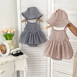 Baby Clothes Cute Thin Comfortable Simple Rompers 2024 New Summer Korean Style Baby Girls Fashion Casual Plaid Slip Dress