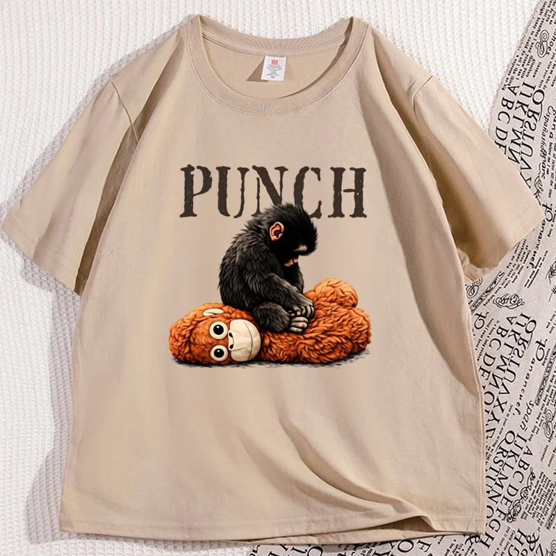 Punch Baby Monkey T-Shirt Men Women Couple Emotional Plush Toy Monkey T Shirt Short Sleeve Round Neck Caual Breathable Tops