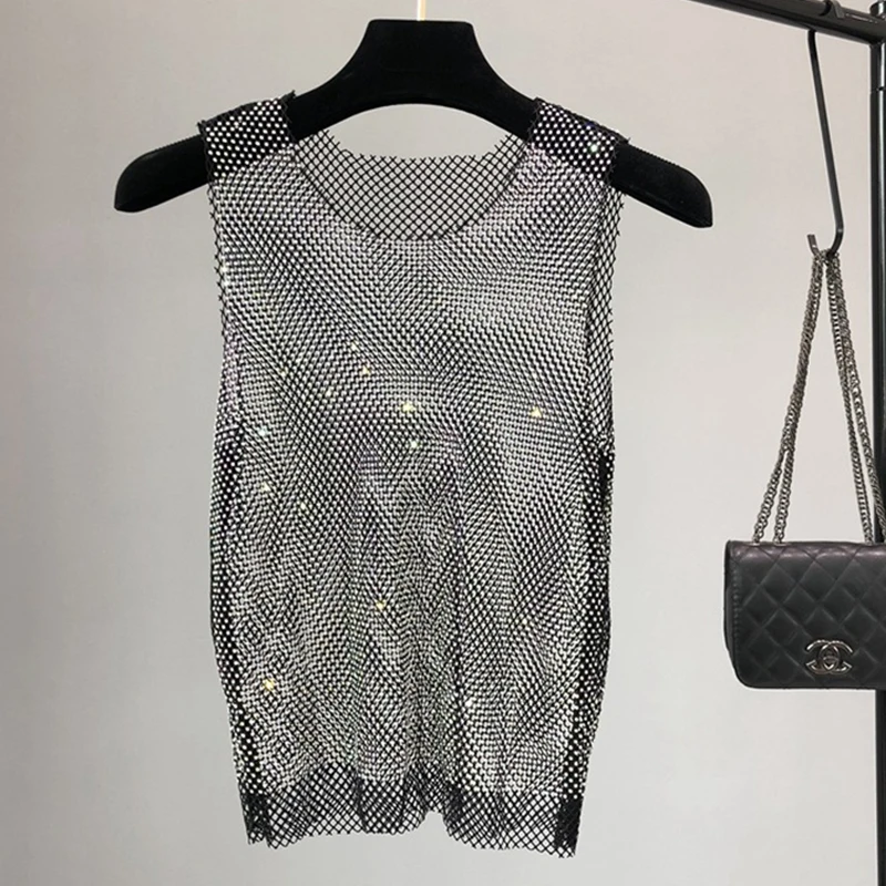 Damen Strass-Netz-Tanktop mit AB-Kristallen, ärmelloses, transparentes Überwurf-Oberteil für Nachtclub, Party, Festival, Weste, Kleid für Damen – Detail 8