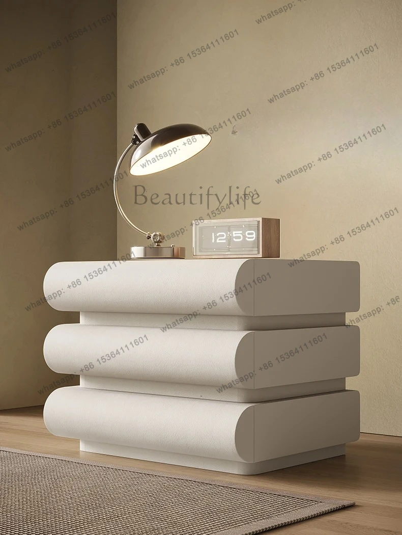 

French cream wind bedside intelligent storage leather modern simple three-bucket cabinet