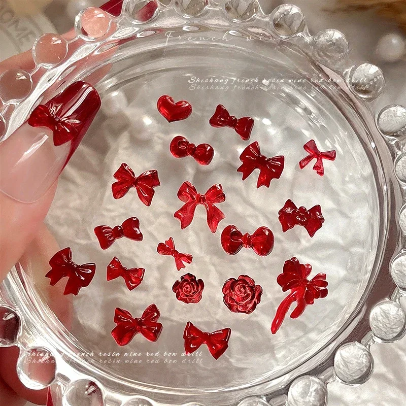 50 Pcs Wine Red Bowknot Flower Rose Love Heart Romantic Chic 3D New Nail Art Decoration DIY Jewelry Manicure Accessories Tools