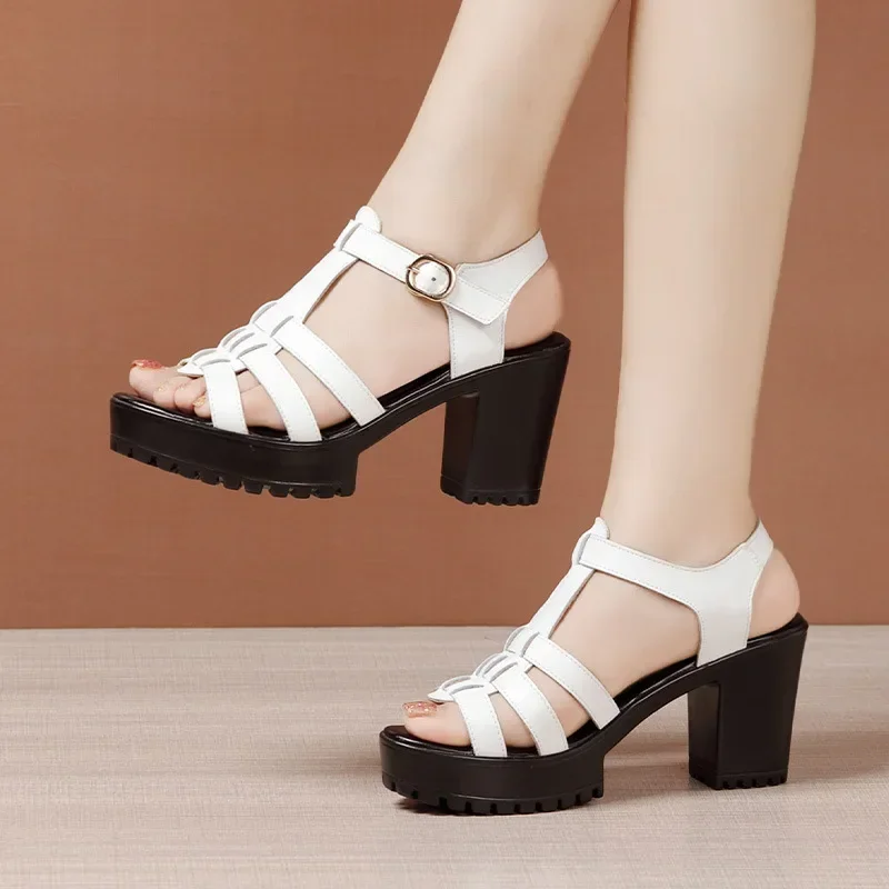 8cm Small Size 32-43 Fashion Genuine Leather Shoes Gladiator Sandals Summer 2025 Women Block High Heels Platform Sandals Office