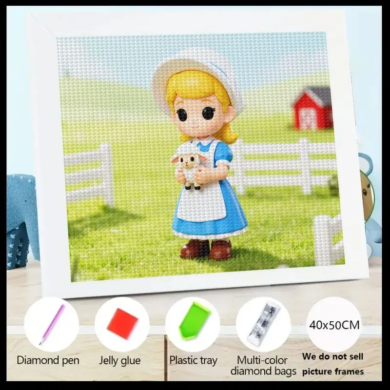 

1 шт. полный дрель 5D комплект алмазной живописи, милая мультяшная овчарка, девушка держит баранину в пасторальной фермерской сцены, сделай сам, хрустальный горный хрусталь