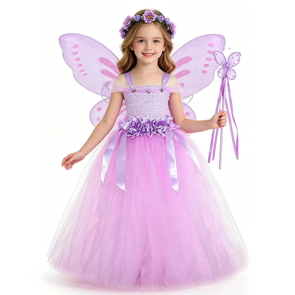 

Lavender Flower Fairy Long Costume for Girls Elf Fancy Tutu Dress with Butterfly Wings Pixie Princess Ball Gown Halloween Outfit